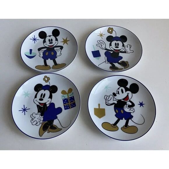 Set Of 4 Disney Mickey & Minnie Mouse Hanukkah Celebration Appetizer Plates NEW - Picture 1 of 12
